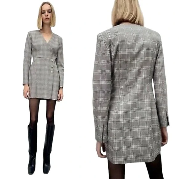 Zara Black & White Plaid Wrap Front Rhinestone Button Blazer Mini Dress - XS - Picture 3 of 16